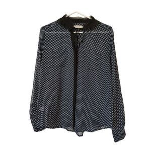 Loft Women's Size Small Navy Blue White Polka Dot Sheer Blouse Long Sleeve